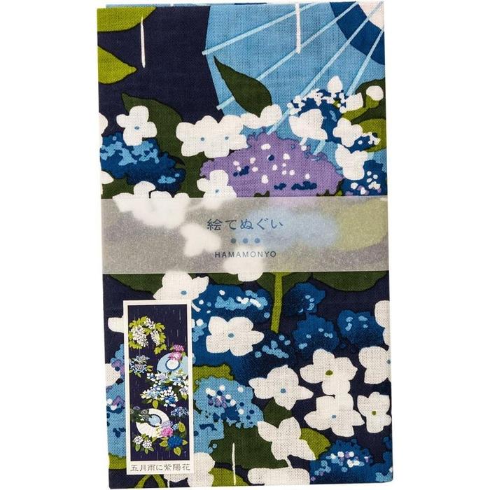 Tenugui towel with Hamamonyou (Hydrangeas in May Rain) - (100% cotton)