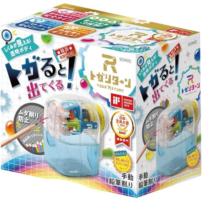Sonic Togar-Return Manual Pencil Sharpener | Transparent, Safe, Multi-Shape Compatible