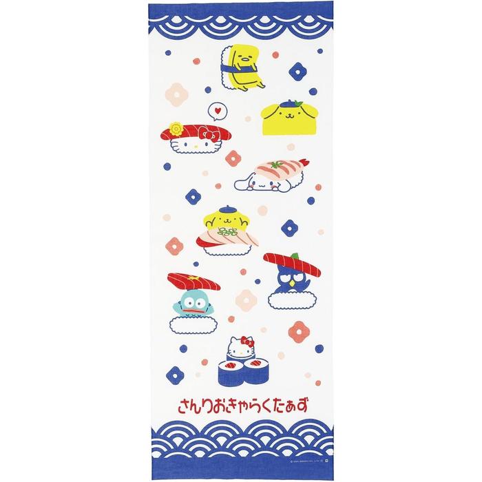 Marushin Sanrio Characters Tenugui Towel – Everyone with Sushi 34×90cm, 100% Cotton Made in Japan
