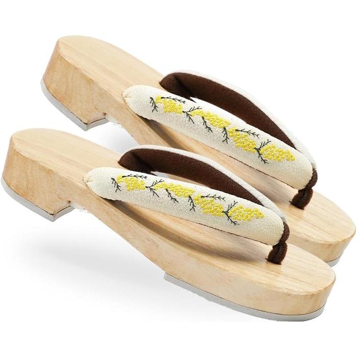 Amemari Women's Geta Sandals – White Wood Yukata Clogs with Lace and Mimosa Embroidery, Soft Strap, One Size