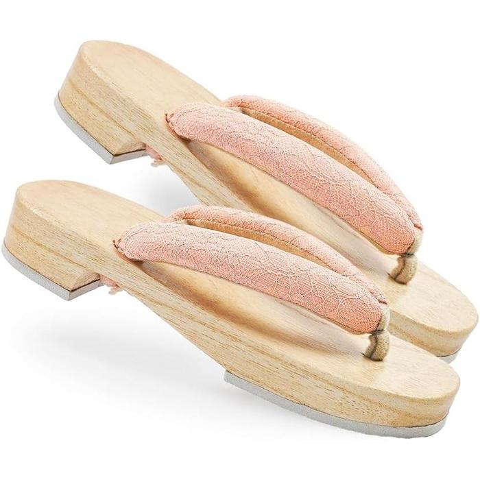 Amemari Women's Geta Sandals – White Wood Yukata Clogs with Lace and Mimosa Embroidery, Soft Strap, One Size