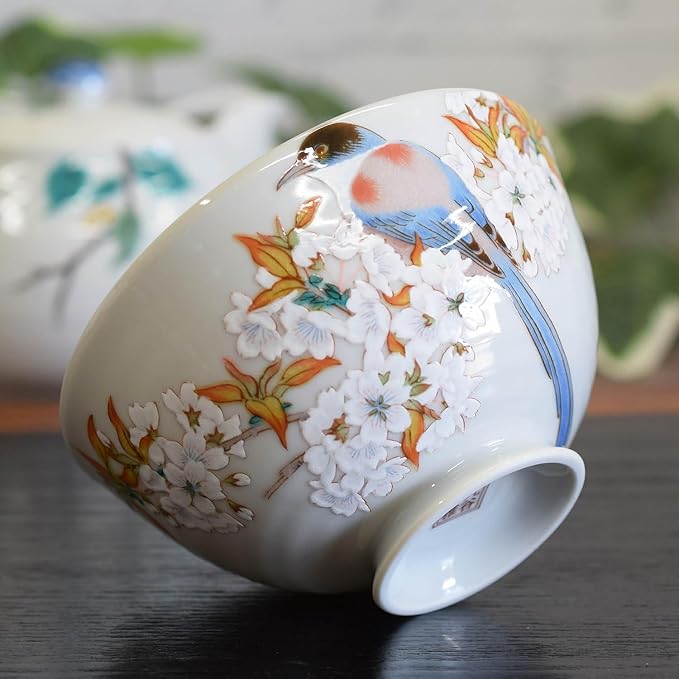 Kutani Ware Rice Bowl – Waza no Kura Mountain Cherry Blossoms & Birds, Japanese Porcelain, Gift Box