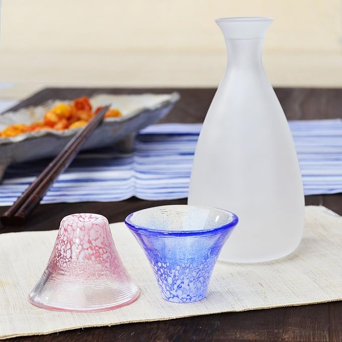 Mt. Fuji Cold Sake Set – Handmade Glass Sake Bottle & Cups | Good Fortune Design, Gift Boxed, Made in Japan