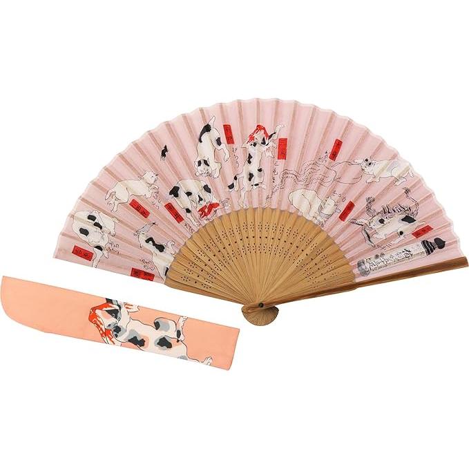 Kyoyu Folding Fan with Silk Case – Ukiyo-e Cat Design (Pink)