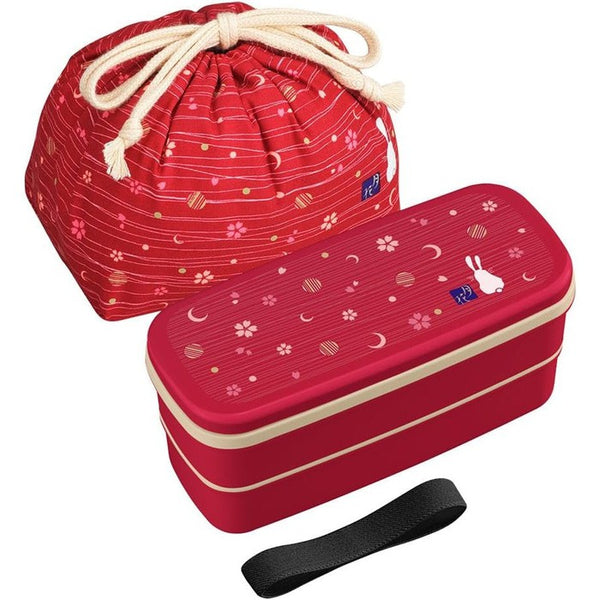 OSK Gekka Two-Tier Lunch Box Set – 640ml Bento Box with Divider, Chopsticks, and Drawstring Bag