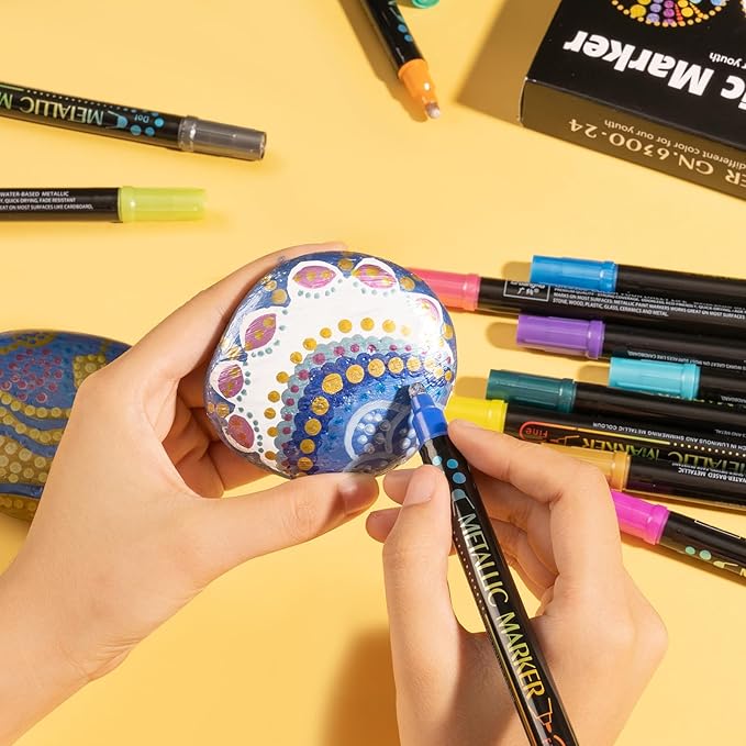 24 Metallic Dual Tip Acrylic Paint Markers | Dot & Fine Tip Pens for Rock, Wood, Glass, Cards & Crafts