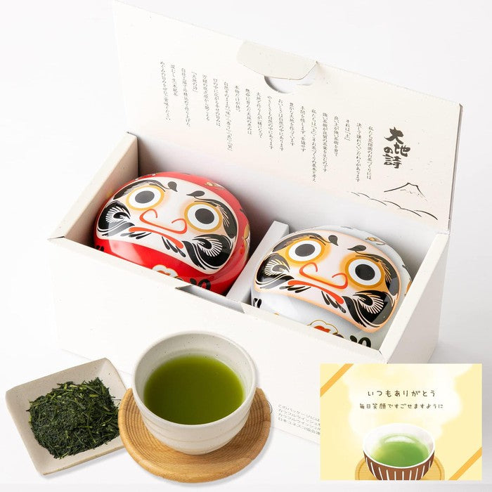 Exquisite Shizuoka Fukamushi Tea Gift Set – Red & White Daruma Cans 80g