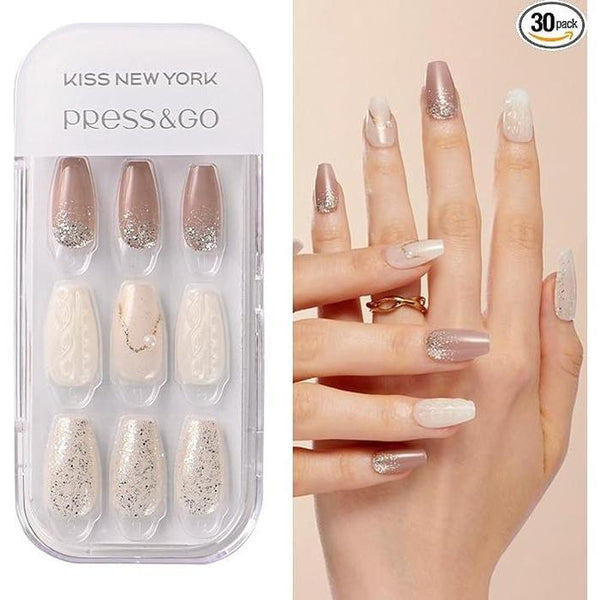 Kiss New York Official Store CPG Nail Tips – Easy One-Touch Installation, Press & Go Coffin, (CPG) 30 Pieces