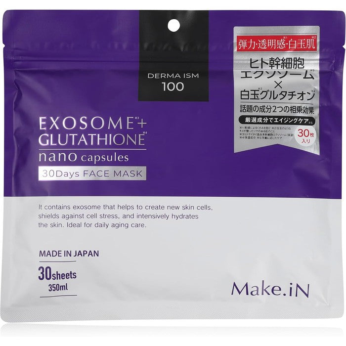 Make.iN EXOSOME + GLUTATHIONE 30Days Face Mask | Advanced Skincare with Exosome, Human Stem Cells, Glutathione, Ceramides, CICA, EGF, FGF 30sheets [No Alcohol]