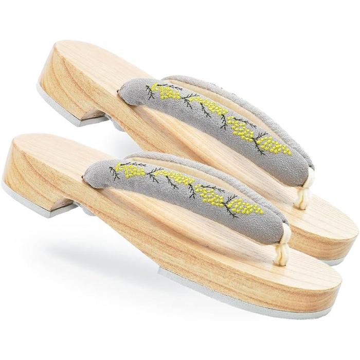 Amemari Women's Geta Sandals – White Wood Yukata Clogs with Lace and Mimosa Embroidery, Soft Strap, One Size