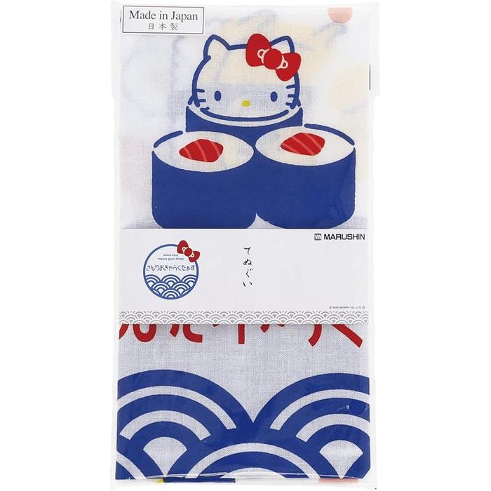 Marushin Sanrio Characters Tenugui Towel – Everyone with Sushi 34×90cm, 100% Cotton Made in Japan