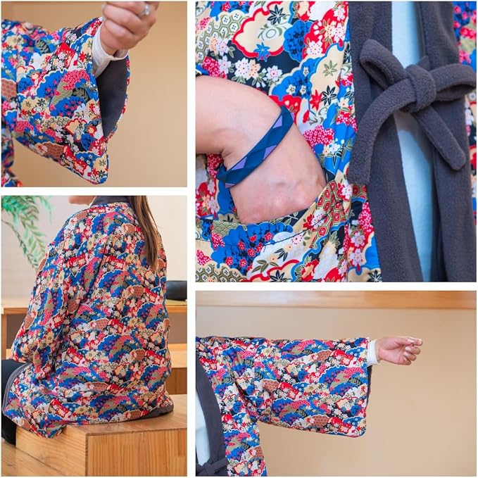 Women's Padded Reversible Hanten with Back Boa – Japanese Pattern 08, Warm Winter Loungewear