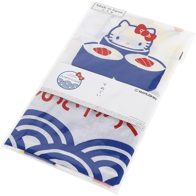 Marushin Sanrio Characters Tenugui Towel – Everyone with Sushi 34×90cm, 100% Cotton Made in Japan