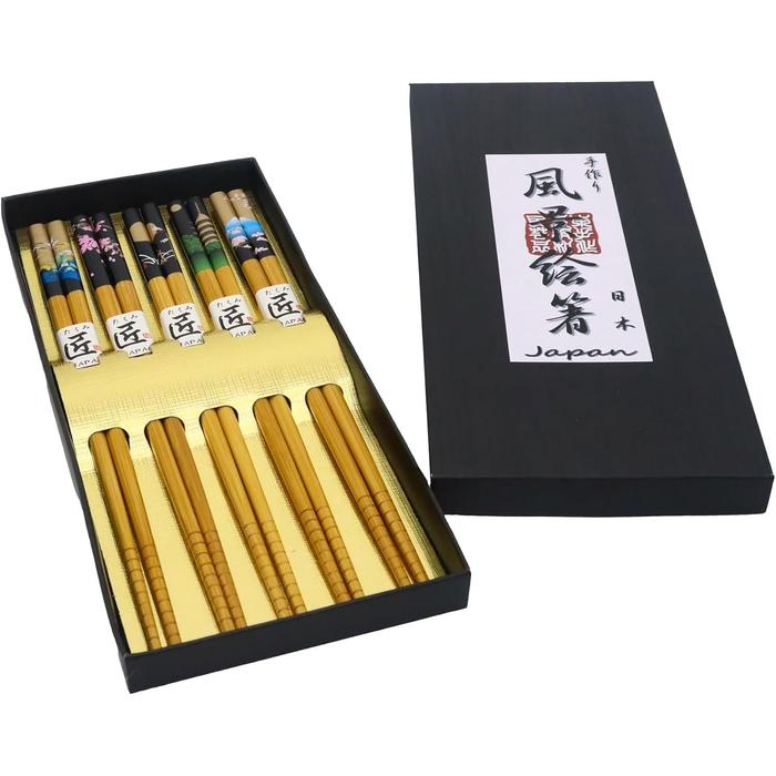 Handmade Japanese “Scenery” Bamboo Chopsticks – Set of 5