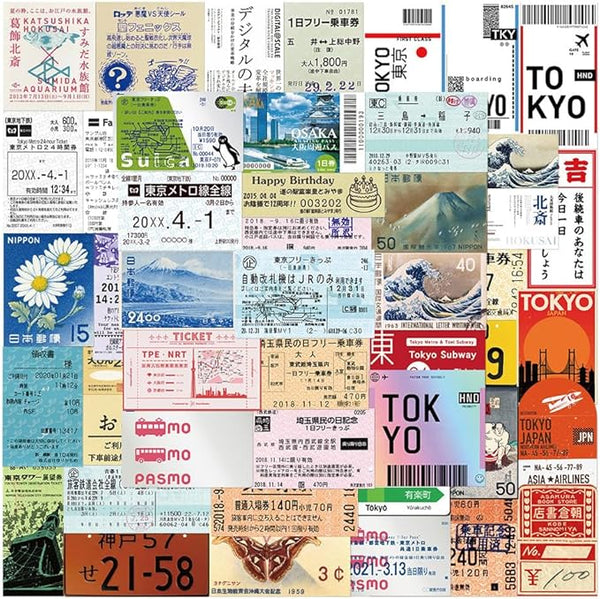 60-Piece Japan Ticket & Boarding Pass Sticker Set – Stylish Waterproof Stickers for Suitcases, Phones, Bottles & More