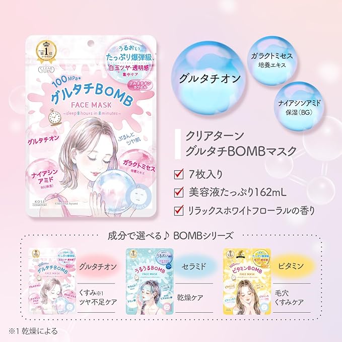KOSE Clear Turn Glutachi BOMB Mask (7 Sheets) – Glutathione & Niacinamide Brightening Mask for Clear, Radiant Skin [Alcohol-free]