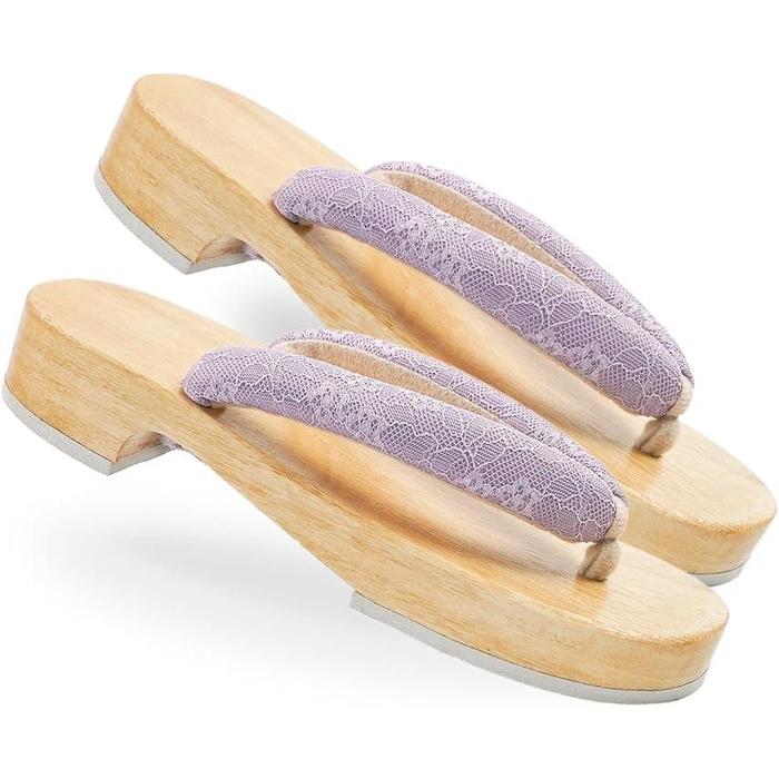 Amemari Women's Geta Sandals – White Wood Yukata Clogs with Lace and Mimosa Embroidery, Soft Strap, One Size