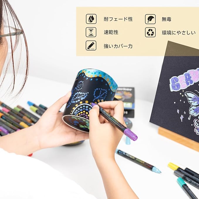 24 Metallic Dual Tip Acrylic Paint Markers | Dot & Fine Tip Pens for Rock, Wood, Glass, Cards & Crafts