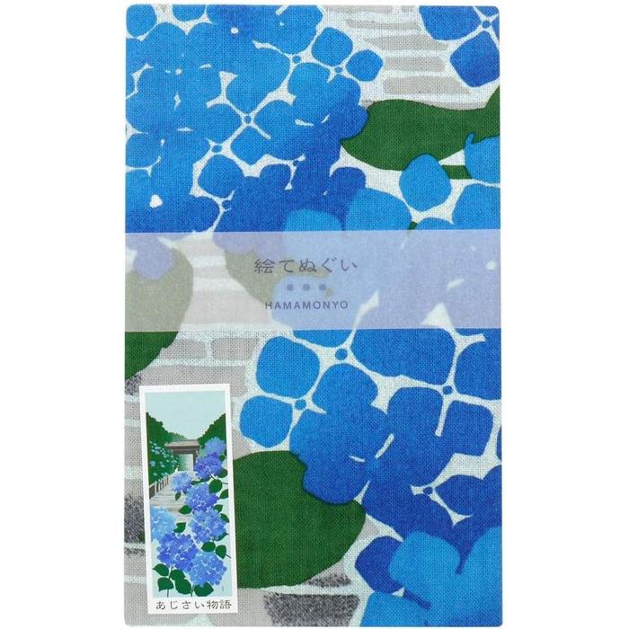 Tenugui towel with Hamamonyou (Blue Hydrangea) - (100% cotton)