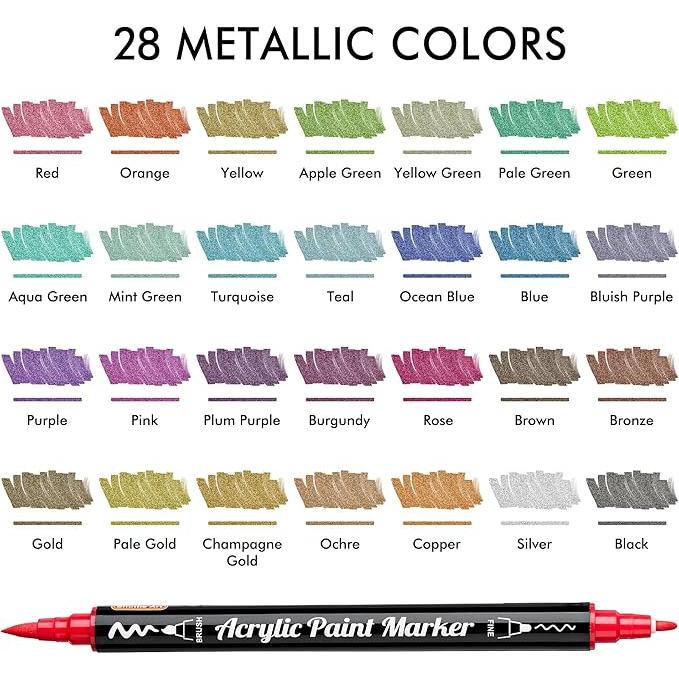 Shuttle Art Acrylic Marker Set – 28 Metallic Colors | Twin-Tip Brush & Fine Point Acrylic Paint Pens