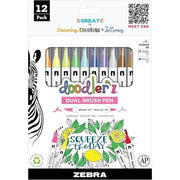Zebra – Doodlerz Dual Brush Pen & Bullet Tip (12-Pack, Assorted Colors)