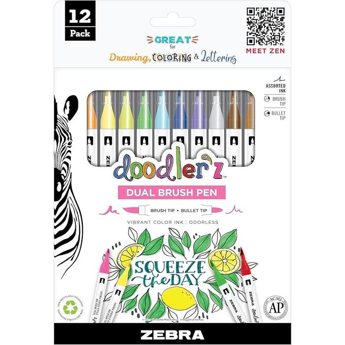 Zebra – Doodlerz Dual Brush Pen & Bullet Tip (12-Pack, Assorted Colors)