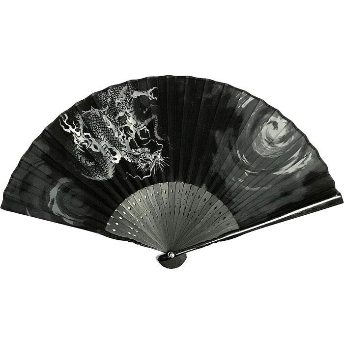 Dragon-Themed Men’s Fan – Premium Cotton Fabric, Japanese Cloud and Dragon Motif, 23cm, L-Size with Matching Linen Case