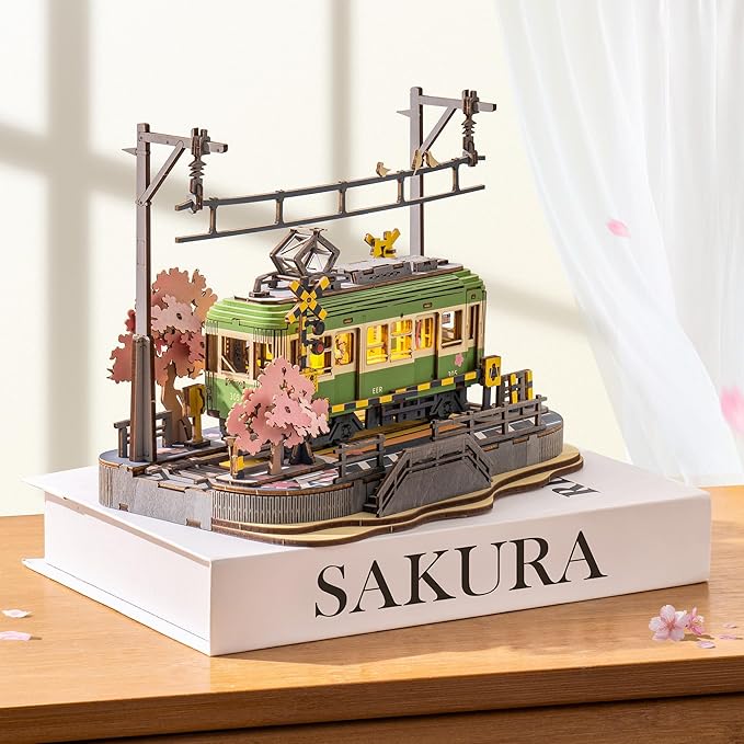 ROBOTIME 3D Wooden Puzzle – Cherry Blossom Train with LED Light