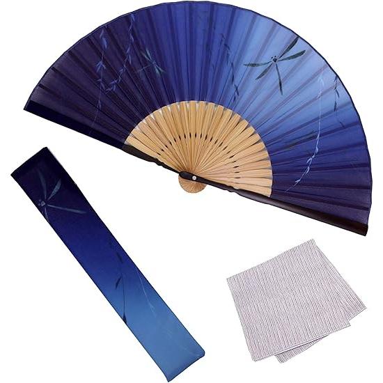 Osaka Choseido Fan Set – Stylish Sensu with Dragonfly Design, Case, and Handkerchief (COLOR CHOOSE)
