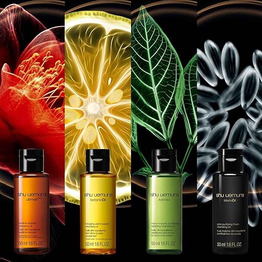 Shu Uemura Cleansing Oil Starter Kit – 4 x 50ml Trial Sizes | Supreme Beauty, Black, A/O+ Radiance, Botanic [Alcohol-free]