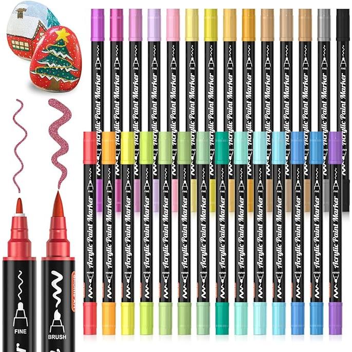 Shuttle Art Acrylic Marker Set – 28 Metallic Colors | Twin-Tip Brush & Fine Point Acrylic Paint Pens