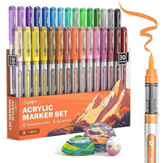 JusArt Acrylic Marker Pens – 30 Color Set | Water-Based Paint Markers with Flexible Brush Tip for Rock, Glass, Fabric, Wood & More