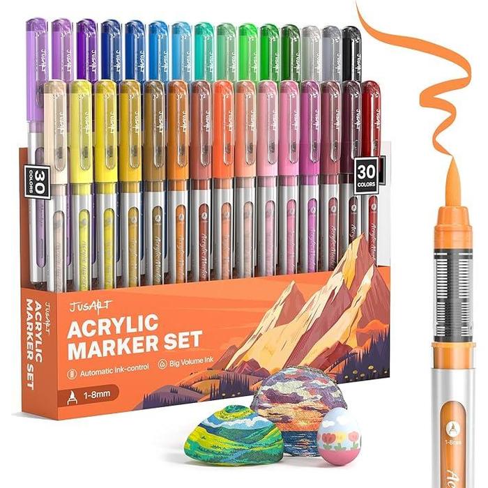 JusArt Acrylic Marker Pens – 30 Color Set | Water-Based Paint Markers with Flexible Brush Tip for Rock, Glass, Fabric, Wood & More