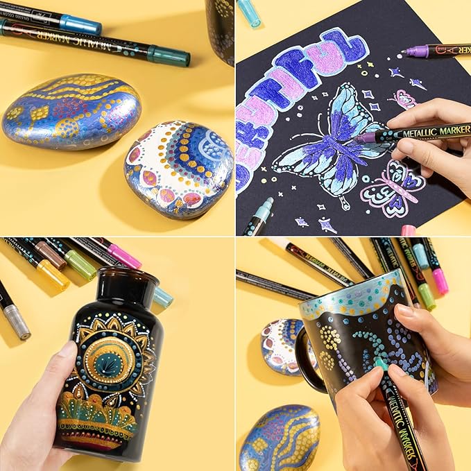 24 Metallic Dual Tip Acrylic Paint Markers | Dot & Fine Tip Pens for Rock, Wood, Glass, Cards & Crafts