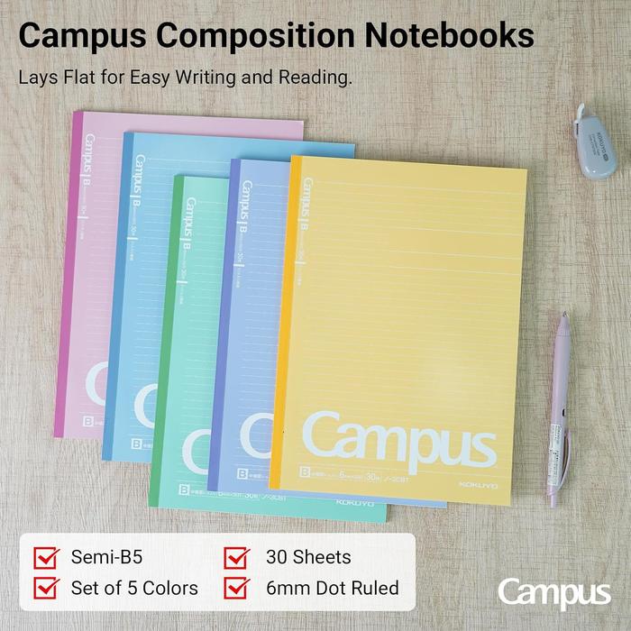 Kokuyo Campus Notebook B5 – Dotted 6 mm Ruled, 30 Sheets, 5-Pack