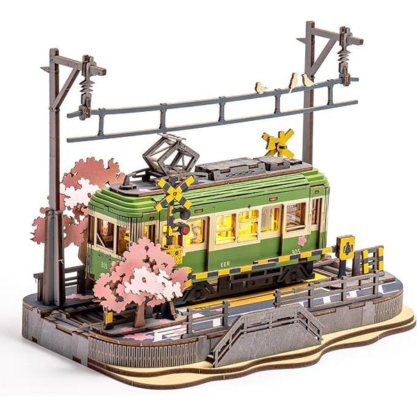 ROBOTIME 3D Wooden Puzzle – Cherry Blossom Train with LED Light