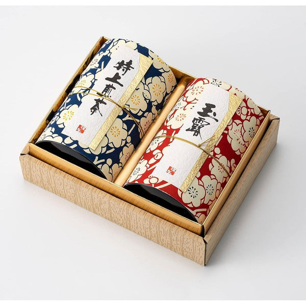 Kiyomizu Uji Tea Gift Set – Premium Gyokuro and Sencha in Traditional Japanese Patterned Tins, 120g x 2