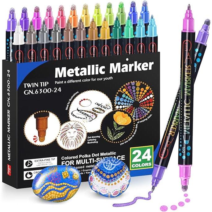 24 Metallic Dual Tip Acrylic Paint Markers | Dot & Fine Tip Pens for Rock, Wood, Glass, Cards & Crafts