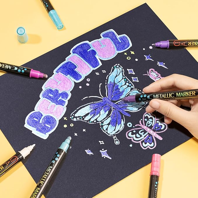 24 Metallic Dual Tip Acrylic Paint Markers | Dot & Fine Tip Pens for Rock, Wood, Glass, Cards & Crafts