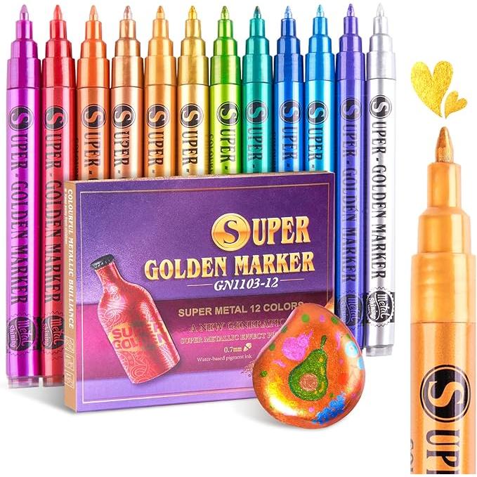 12 Ultra Bright Metallic Acrylic Markers | 0.7mm Extra Fine Paint Pens for Rock, Glass, Wood, Ceramics & DIY Crafts