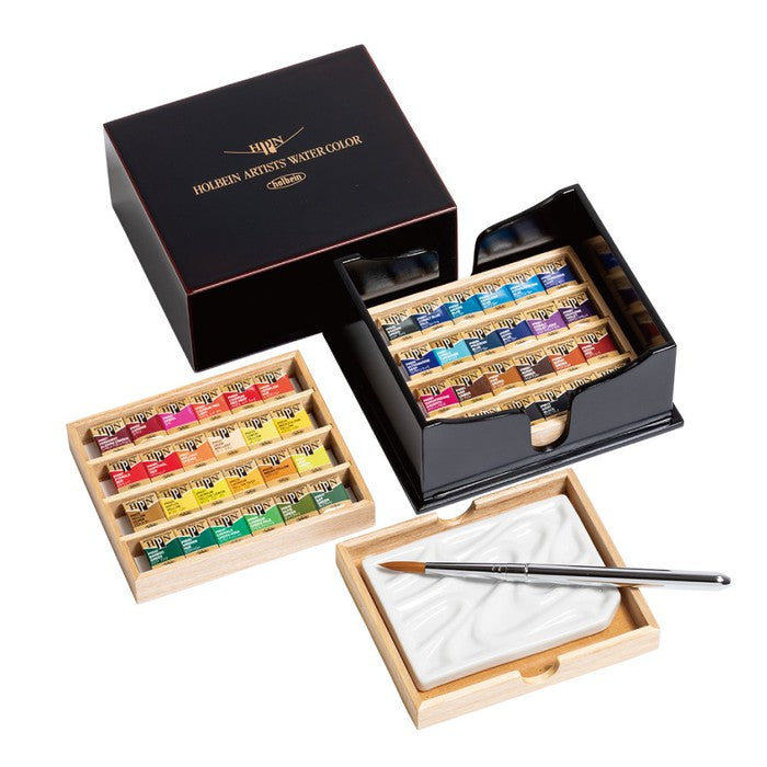 Japanese Watercolor Paint Set – 48 Colors in Black Lacquer Paulownia Box with Porcelain Palette & Brush
