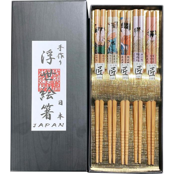 UKIYOE Japanese Bamboo Chopsticks – Ukiyo-e Design Set of 5 Pairs