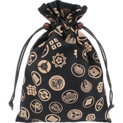 [Handmade Workshop FUJITA] Drawstring Bag – Family Crest x Black | Japanese Goshuincho Pouch for Traditional Accessories