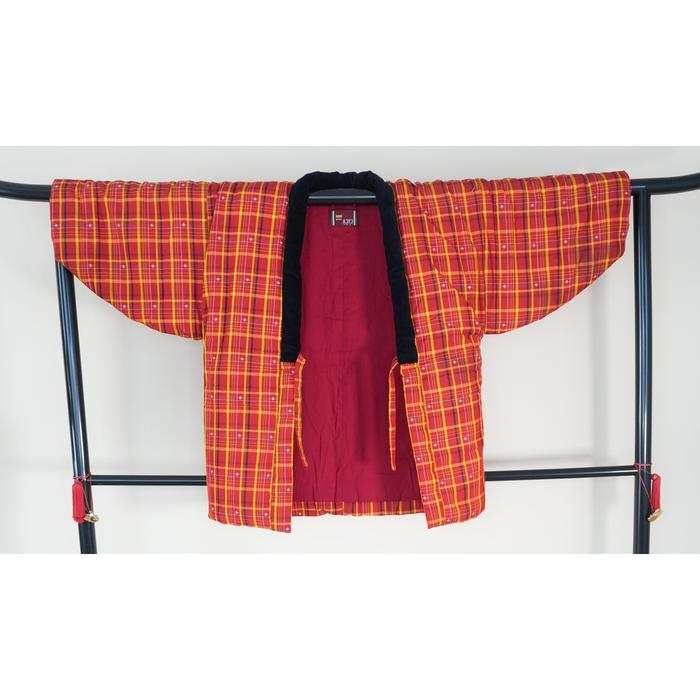 VINTAGE Red and Yellow Plaid Hanten Jacket with Black Collar – Traditional Japanese Padded Coat