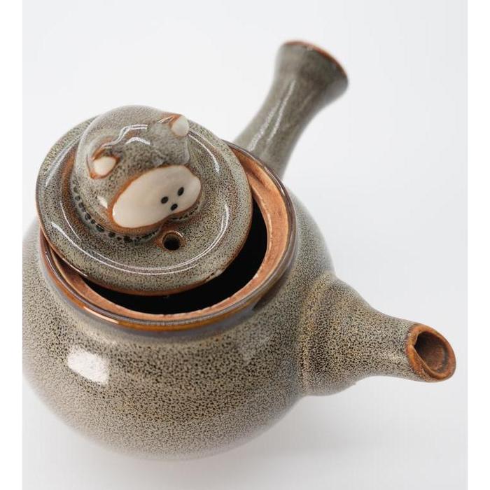 VINTAGE Japanese Ceramic Kyusu Teapot with Cute Tanuki-Shaped Lid – Gray Speckled Glaze
