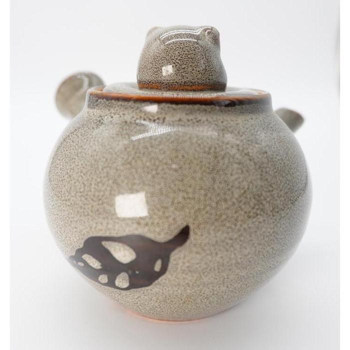 VINTAGE Japanese Ceramic Kyusu Teapot with Cute Tanuki-Shaped Lid – Gray Speckled Glaze