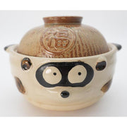 VINTAGE Japanese Tanuki Ceramic Donabe Pot with Lid and 福 (Good Fortune) Symbol – Brown and Cream Glaze