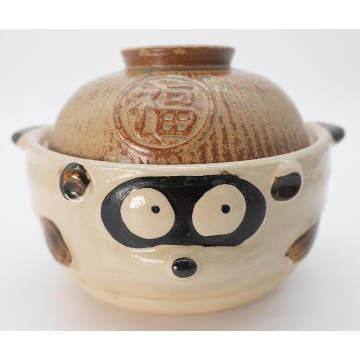 VINTAGE Japanese Tanuki Ceramic Donabe Pot with Lid and 福 (Good Fortune) Symbol – Brown and Cream Glaze