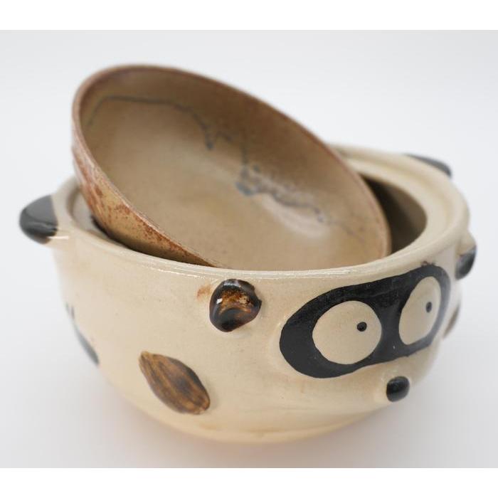 VINTAGE Japanese Tanuki Ceramic Donabe Pot with Lid and 福 (Good Fortune) Symbol – Brown and Cream Glaze