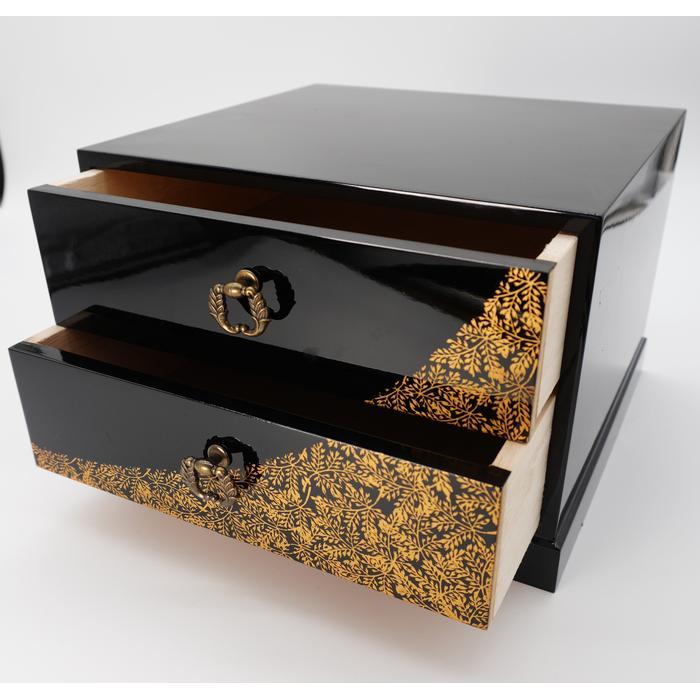 VINTAGE Japanese Black Lacquered Wooden Two-Drawer Chest with Gold Botanical Pattern – Traditional Mini Tansu